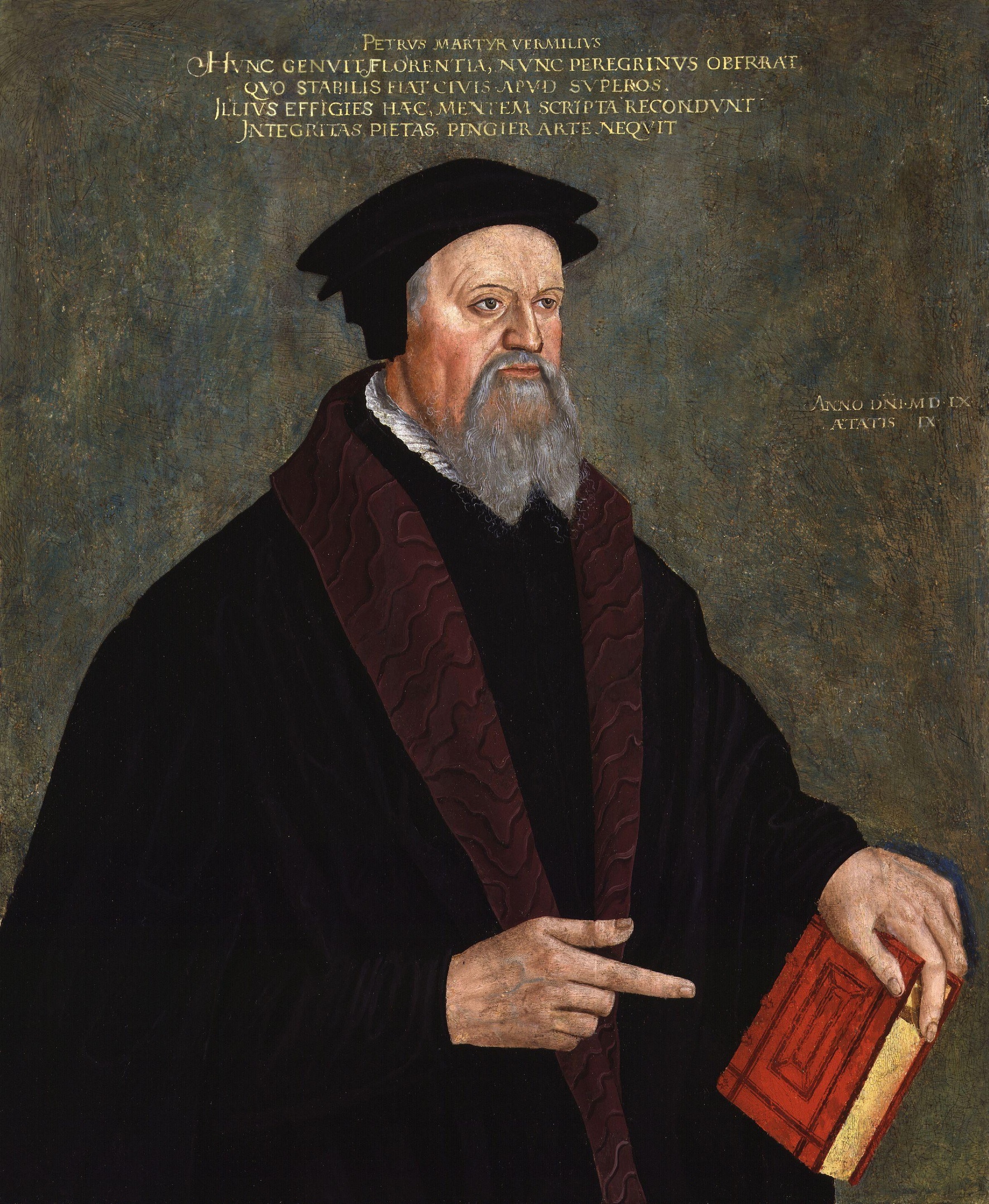 Pietro Vermigli – by Hans Asper – 1560. oil on panel, transferred to canvas, 1560. 23 1/2 in. x 21 1/2 in. (597 mm x 546 mm) NPG 195.  Vermigli was in England from 1547 to 1553 but there is no evidence that he sat for his portrait during this period. National Portrait Gallery, London. The portrait has previously been attributed to Hans Asper (1499-1571). Asper was a Swiss painter, highly regarded by the people of Zurich, where he spent his entire life. This attribution cannot be confirmed due to the current poor condition of the picture.